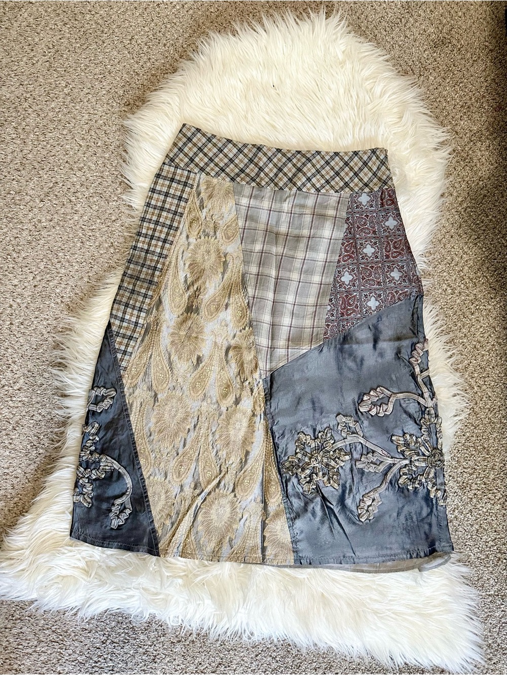 Boho Patchwork A-Line Midi Skirt in Beige and Gray